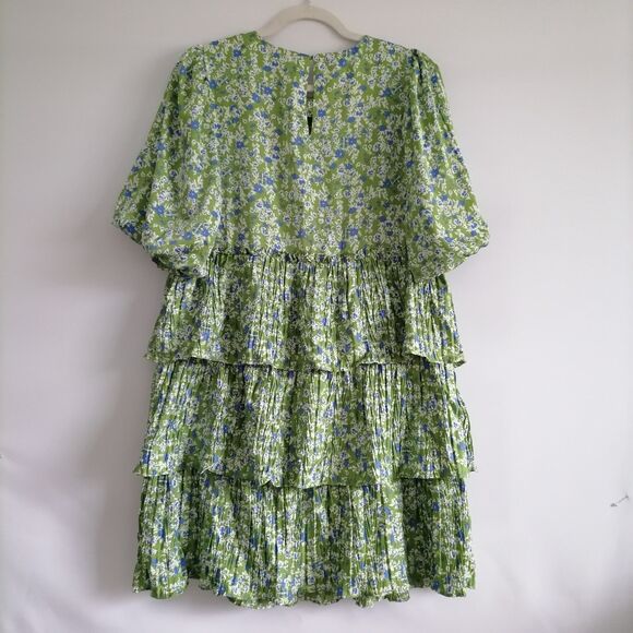 Y2K Code X Mode Womens Green Floral Print Ruffle Layered Fit & Flare Dress Sz L - Picture 2 of 7